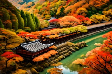 Arashiyama in autumn season along the river in kyoto, japan.