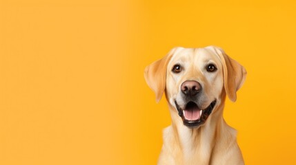 Studio portrait of yellow Labrador dog on orange backdrop with copy space