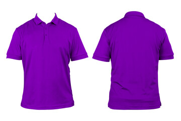 Blank clothing for design. Purple polo shirt, clothing on isolated white background, front and back...