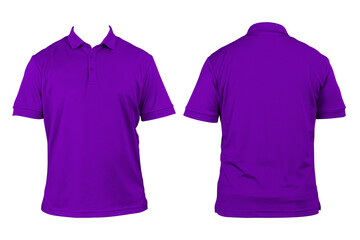 Blank clothing for design. Purple polo shirt, clothing on isolated white background, front and back view, isolated white, plain t-shirt. Mockup.