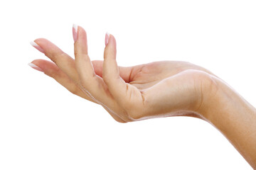 Closeup shot of woman's hand with french manicure and clean and soft skin, isolated