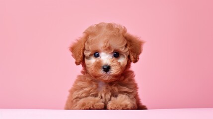Toy Poodle puppy on pink backdrop with copy space