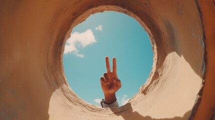 Peaceful Gesture Through Earthy Portal: Hand Sign Against Sky
