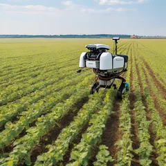 Fotobehang A smart agricultural robot equipped with sensors and cameras, autonomously tending to crops in a field. © Nadia