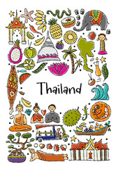 Travel to Thailand. Concept art design with Siam elements, map, people and landmarks, thai food etc. Vertical card with place for your text. Vector illustration - 692381239