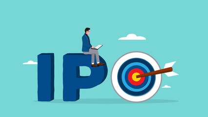initial public offering IPO illustration concept with flat design style, business investment strategy, investing strategy concept, businessman who is setting up an investing strategy using a laptop - obrazy, fototapety, plakaty