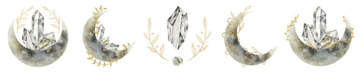 Set of crescent moon, magic crystals floral elements. Moon, stones and graphic branches. Isolated watercolor illustration. Plants and lunar silhouette. Floral magic celestial clipart. © Fedulova_art