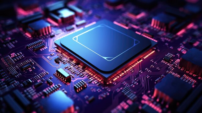 A macro image of a processor or a graphic card, technological device storing memory, hardware close up, neon led lights