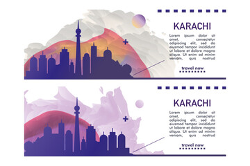 Karachi city banner pack with abstract shapes of skyline, cityscape, landmark. Pakistan travel vector horizontal illustration layout set for brochure, website, page, presentation, header, footer - obrazy, fototapety, plakaty