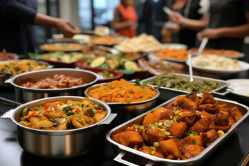 Multicultural Neighborhood Potluck with a Variety of Communal Dishes