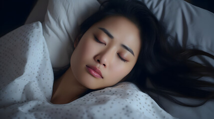  Tired woman lying in bed can't sleep late at night with insomnia. Asian girl with funny face sick or sad depressed sleeping at home. Generative AI.