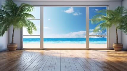 Beautiful home interior space with black living room wooden floor with ocean seaside blue sky sea sand beach summer freshness travel season window view house design tropical style
