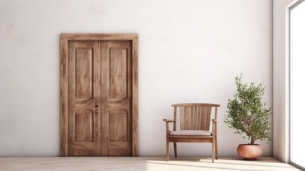 Beautiful wooden door with old wood bench white background wall home interior design concept