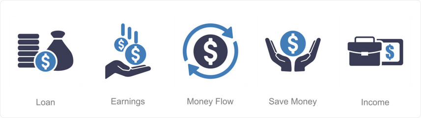 A set of 5 accounting icons as loan, earnings, money flow
