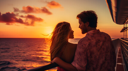 Travel cruise ship couple on sunset cruise in Hawaii holiday. Two tourists lovers on honeymoon travel enjoying summer vacation. Generative AI. - obrazy, fototapety, plakaty