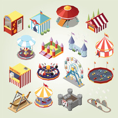 amusement park isometric set isolated icons with traveling circus big tops junk food stalls attracti - obrazy, fototapety, plakaty