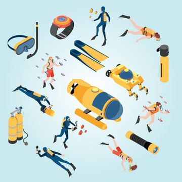 set isometric icons human characters with scuba diving equipment isolated vector illustration 3d