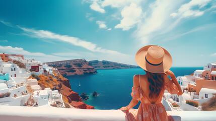 Travel luxury cruise vacation holiday woman panoramic banner. Sun hat maxi dress woman relaxing at sea view in Santorini, Oia, Greece. Europe destinatio.. Generative AI.