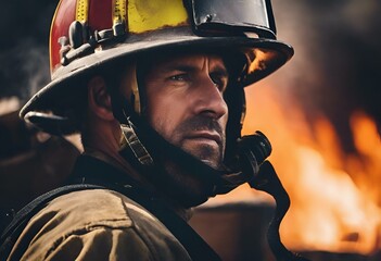 AI-generated illustration of a fireman wearing a protective helmet stands in front of a raging fire
