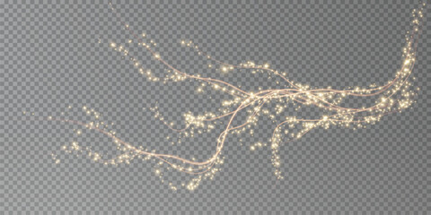 Holiday decor element in the form of a glowing sakura branch. Abstract glowing dust. Christmas background made of luminous dust. Vector png. Floating cloud of holiday bright little dust. - obrazy, fototapety, plakaty