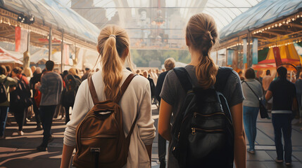 View from behind young girls walking together at city exhibition. Regular people out in public places. Generative AI.