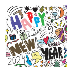 set of happy new year doodles isolated on white background