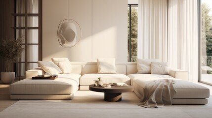 Cozy modern luxurious interior design of a living room with a white fluffy poliform sofa, tall ceiling, off white cream colored textiles - obrazy, fototapety, plakaty