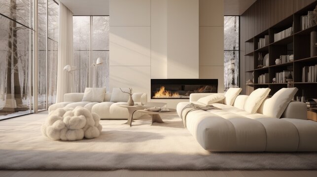 Cozy modern luxurious interior design of a living room with a white fluffy poliform sofa, tall ceiling, off white cream colored textiles