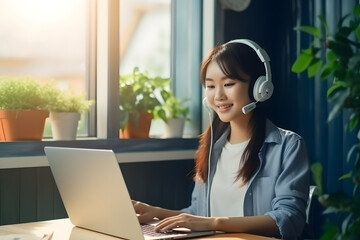 Young asian woman wearing headset while working on computer laptop at house. Work at home, Video conference, Video call, Student learning online class. Generative AI.