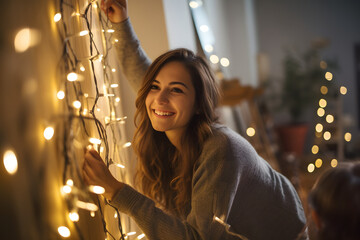 Young woman decorating loft with fairy lights. Generative AI.