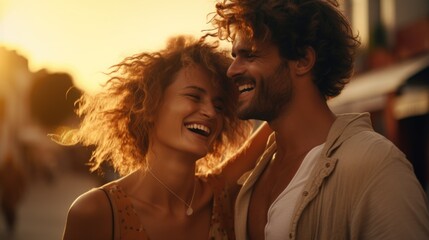 Happiness lover romance moment in sunset joyful people couple laugh smile cheerful positive conversation together on street outdoor in sunset summertime