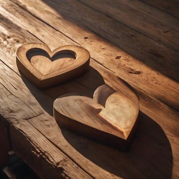 Happy Valentine's Day,Two Wooden Hearts On Rustic Table With Sunlight
