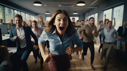 Large group of joyful entrepreneurs having fun on a sports race in the office Happy businesswoman crossing finish line during race - obrazy, fototapety, plakaty