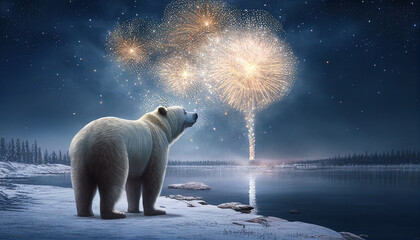 Polar bear at New Year's Eve fireworks. Generative AI.