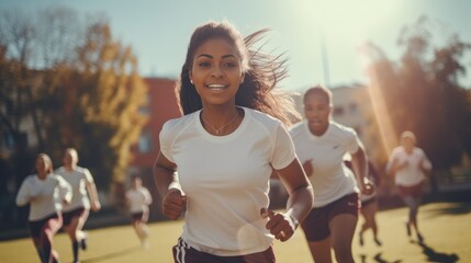 Many young teenage male and female adults doing sports outside. Athletic training and bodies in...