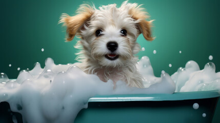 Cute puppy, bath-time excitement, surrounded by bubbles and playful splashes. Sudsy puppy love, grooming joy, and pure bubbly happiness.