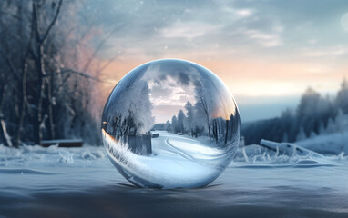Winter landscape in snow inside a crystal ball, Generative AI