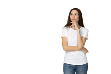 PNG, dissatisfied girl with doubts, isolated on white background.