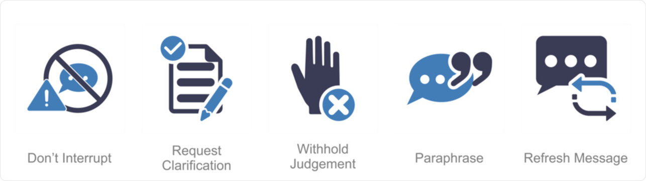 A set of 5 Active Listening icons as don�t inturrupt, request clarification, with hold judgement