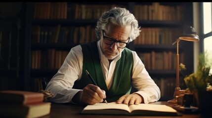 Mature middle aged caucasian man with silver hair and glasses writing with a pen in a notebook sitting in the home office library. professional creative writer or a private detective investigator - obrazy, fototapety, plakaty