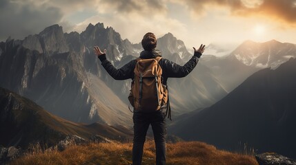 Rear view portrait of young man traveler with backpack standing on a mountain with arms spread open - obrazy, fototapety, plakaty