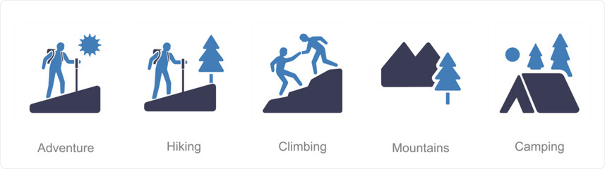 A set of 5 Adventure icons as adventure, hiking, climbing