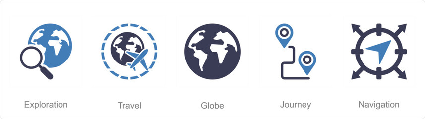 A set of 5 Adventure icons as exploration, travel, globe