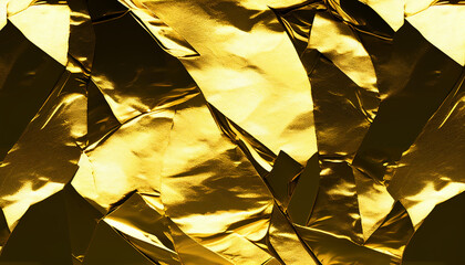 Seamless gold leaf background texture. Shiny golden yellow crumpled metallic foil repeat pattern. Generative AI.