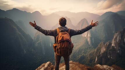 Rear view portrait of young man traveler with backpack standing on a mountain with arms spread open - obrazy, fototapety, plakaty