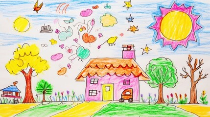 Child drawing with crayon of house, tree, family.