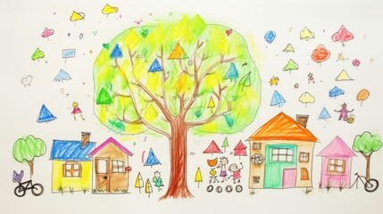Child drawing with crayon of house, tree, family.