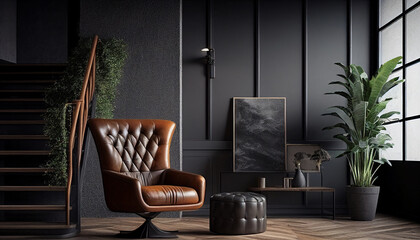 Style loft interior with leather armchair on dark cement wall. Generative AI.