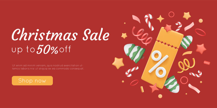Christmas 3D voucher with firecracker of snowy trees,  tinsel, stars. Confetti render with percentage coupon. New Year promotion flyer, offer banner template. Vector illustration. Yellow ticket.