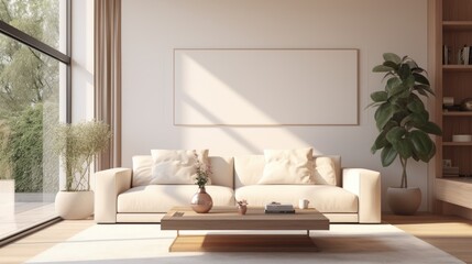 Modern Minimal clean clear contemporary living room home interior design daylight background, beige white sofa couch in living room daylight from window freshness moment mock up interior